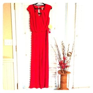 Coral, shortsleeved, pantsuit with pockets